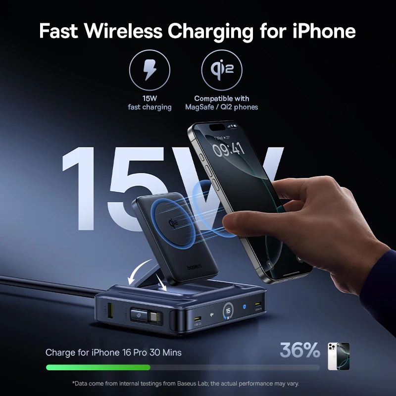 베이스어스 245W 데스크탑 충전기 태블릿 고속 충전기 Qi2 무선 충전기 리트랙터블 케이블 USB C 폰 충전기 아이폰 17 삼성용