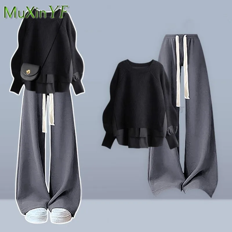 2025 가을/겨울 신상 한국 우아한 투피스 니트 스웨터 상의+캐주얼 바지 세트 여성 패션 트랙수트 매칭 세트