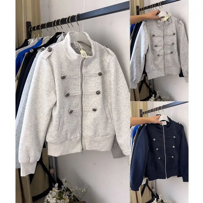 Autumn Elegant Vintage Korean Stand Collar Zip Up Jacket Women Double Breasted Button Shoulder Epaulet Loose Fit Casual Outfit