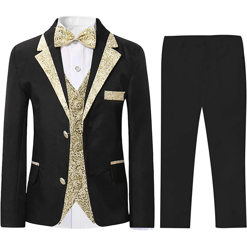 Boys Slim Fit Suits 5 Pieces Set Kids Blazer Vest Pants Shirt Bowtie  Jacket With Gold Rims For Wedding Party Prom