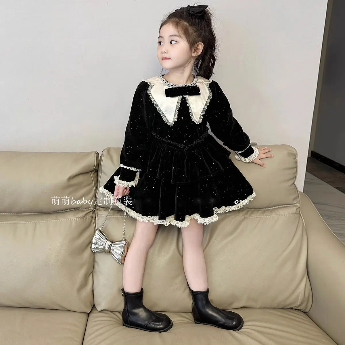 Korean Childrens Clothing 2024 Autumn and Winter New Black Bow Dress Thickened Sweet and Cute Princess Dress