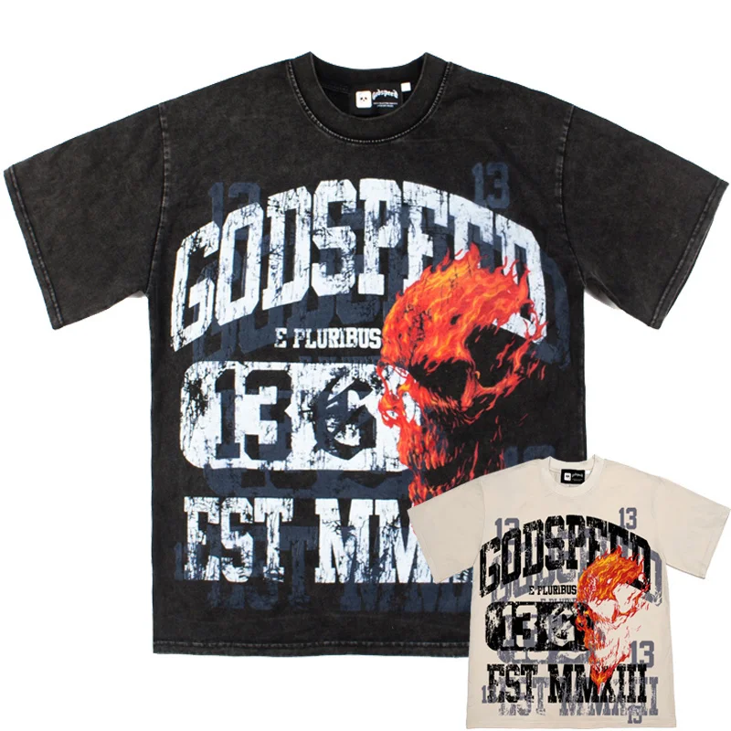 Vintage Washed Cotton T-Shirt American Style Short Sleeve Printed Loose Fit Youth Fashion Skull Flame Skull Graphic Tee