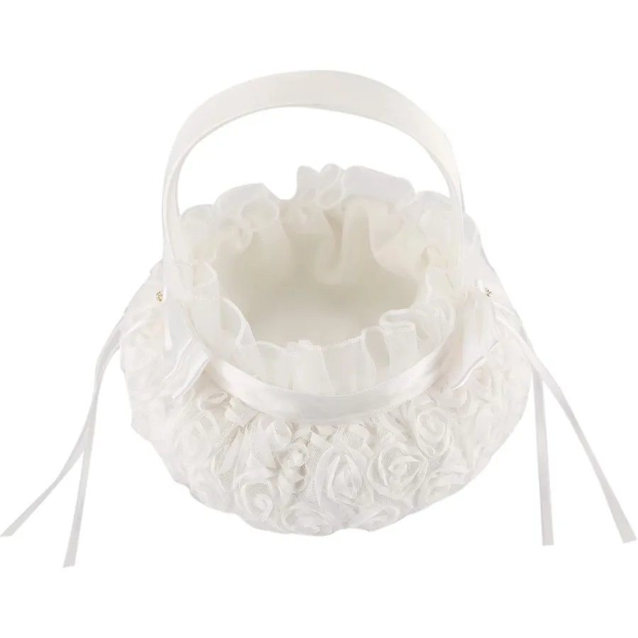 White Bowknot Silk Cloth Wedding Ceremony Party Rose Flower Girl Basket 5 Inches Elegant Decorative Accessory for Special Event