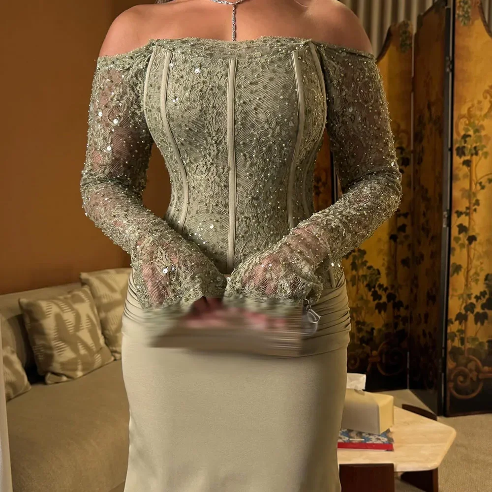 Gaun Malam Putri Duyung Kustom Model Panjang Menyentuh Lantai, Off Shoulder, Lengan Panjang, Gaun Prom, Gaun Pesta Berpayet Lipit dan Draped