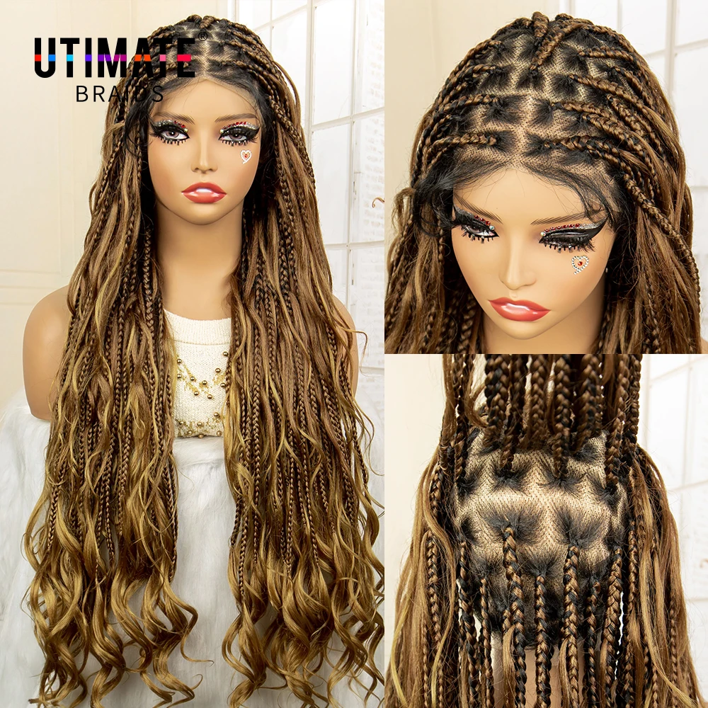 Full Lace Box Braided Wigs Synthetic French Braids Wig for Women #30 27 Brown 34 Inches Lace Frontal Boho Briads