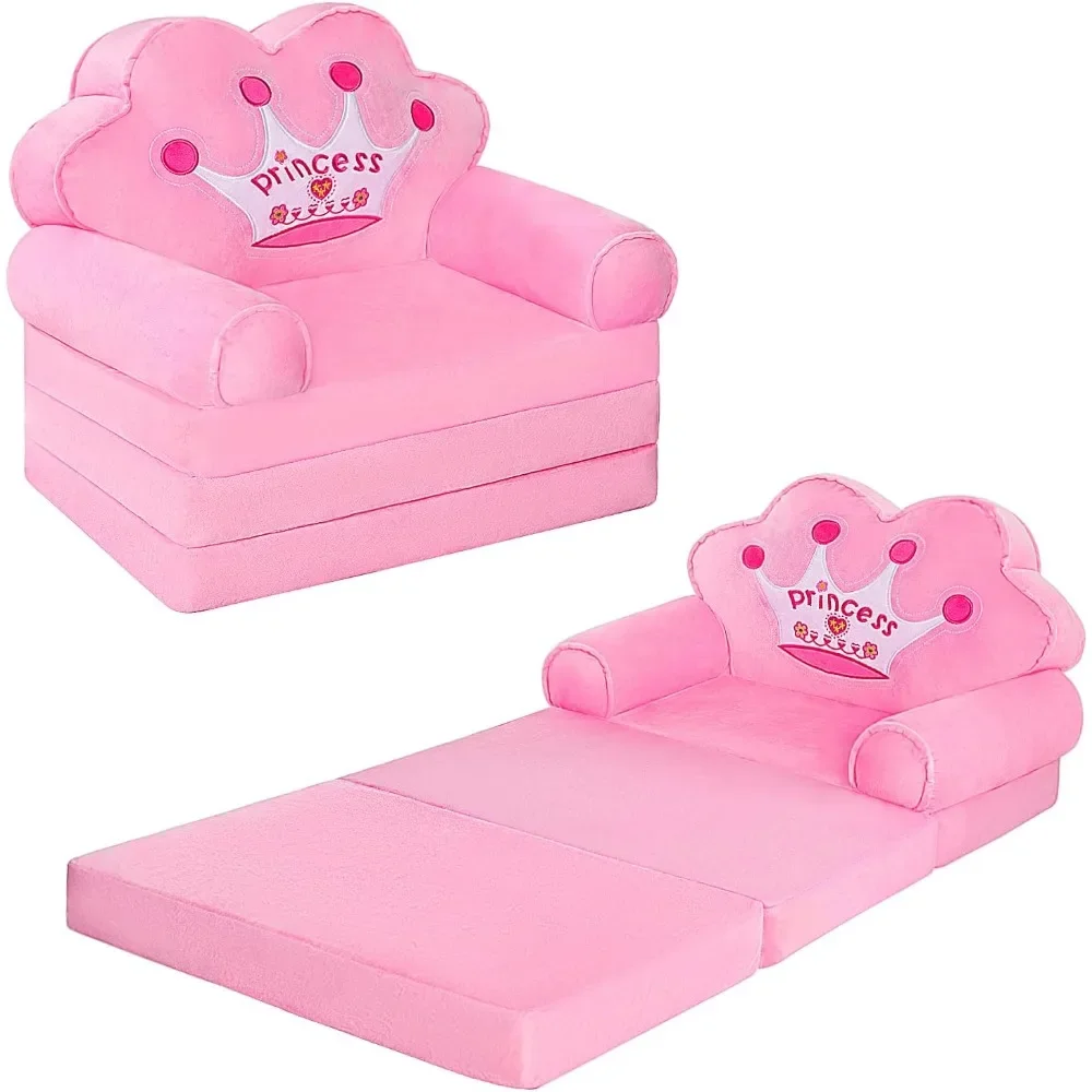 

Kids Foldable Sofa Bed, Princess Chair for Toddlers 1-3, Pink Cartoon Shape, High Density Foam, Fold Out Couch for Bedroom