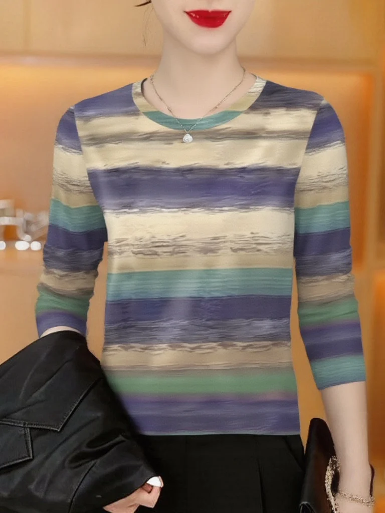 

Элегантная женская футболка с длинным рукавом, круглым вырезом, утягивающая, скрывающая живот, в полоску, для повседневной носки для женщин среднего и старшего возраста