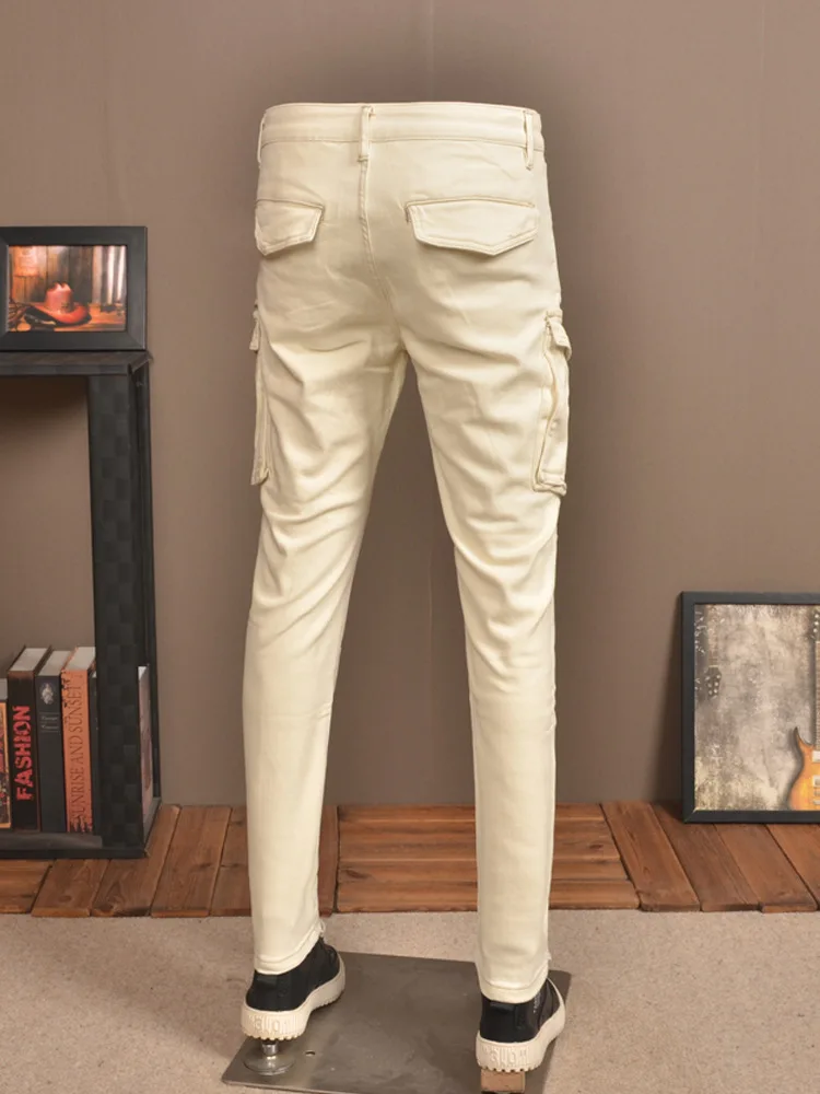 Beige Retro Patchwork Jeans Men's Multi-Pocket Design High-End Stretch Slim Street Leisure Cargo Motorcycle Pants