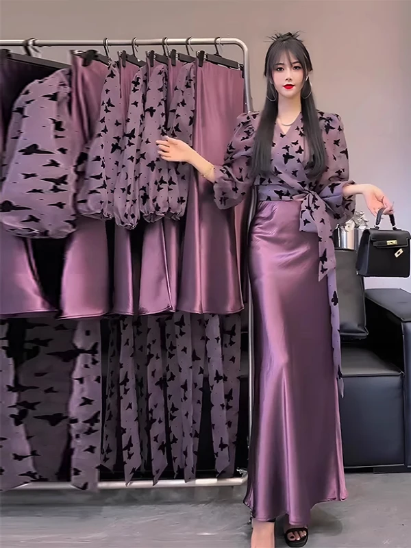 

Summer 2026 Fashion Print Tie Waist V Neck Women's Sun Protection High Waist Satin Skirt Two Piece Set Commute Style