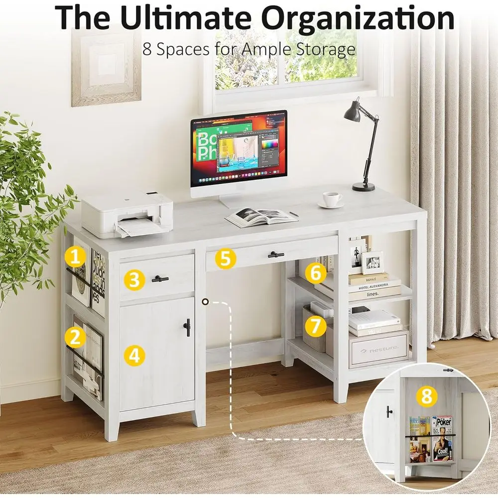 White Large Writing Desk with Adjustable Keyboard Tray, Drawers, and Magazine Rack for Home Office and Study