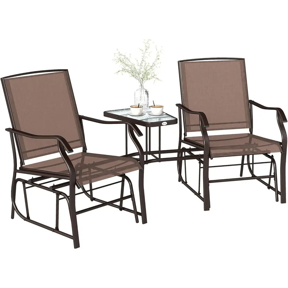 2-Seat Outdoor Glider Loveseat with Table, Brown, Perfect for Patio and Garden Relaxation