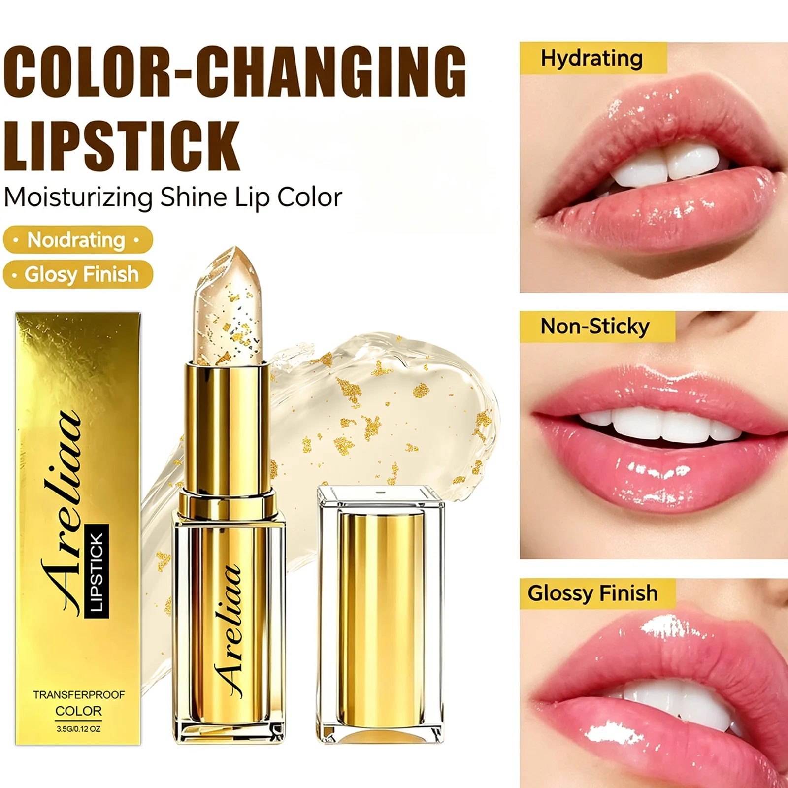 Temperature Color Changing Flower Lipstick Gold Foil Transparent Waterproof Moisturizing Crystal Jelly Lip Balm Cosmetic Care