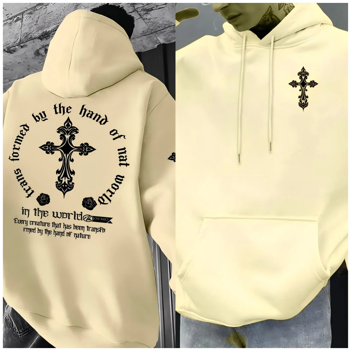 American streetwear Y2K Gothic cross-print hoodedsweatshirt for bothmenandwomenlooseandoversizedretro distressed pullover hoodie
