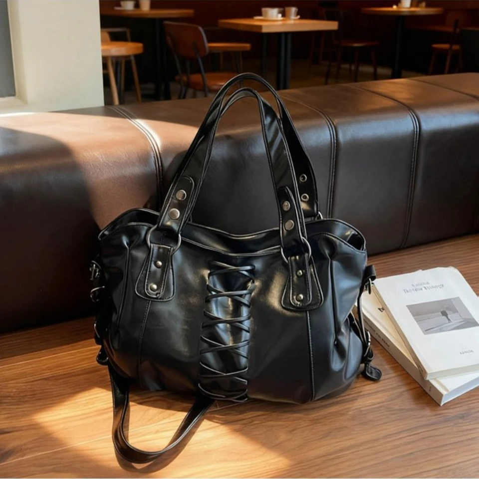 Vintage Lace-Up Large Capacity Tote Bag Soft Leather Shoulder Bag Fits 13-inch Laptop A4 Magazine Rivet Hardware for Y2K Daily