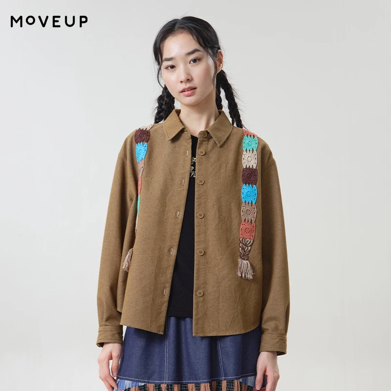 MOVEUP Women's Lapel Casual Shirt  2026 Autumn Braid Embroidery Tassel Decoration Tops Single-breasted Cotton Shirts 3ELQ20437