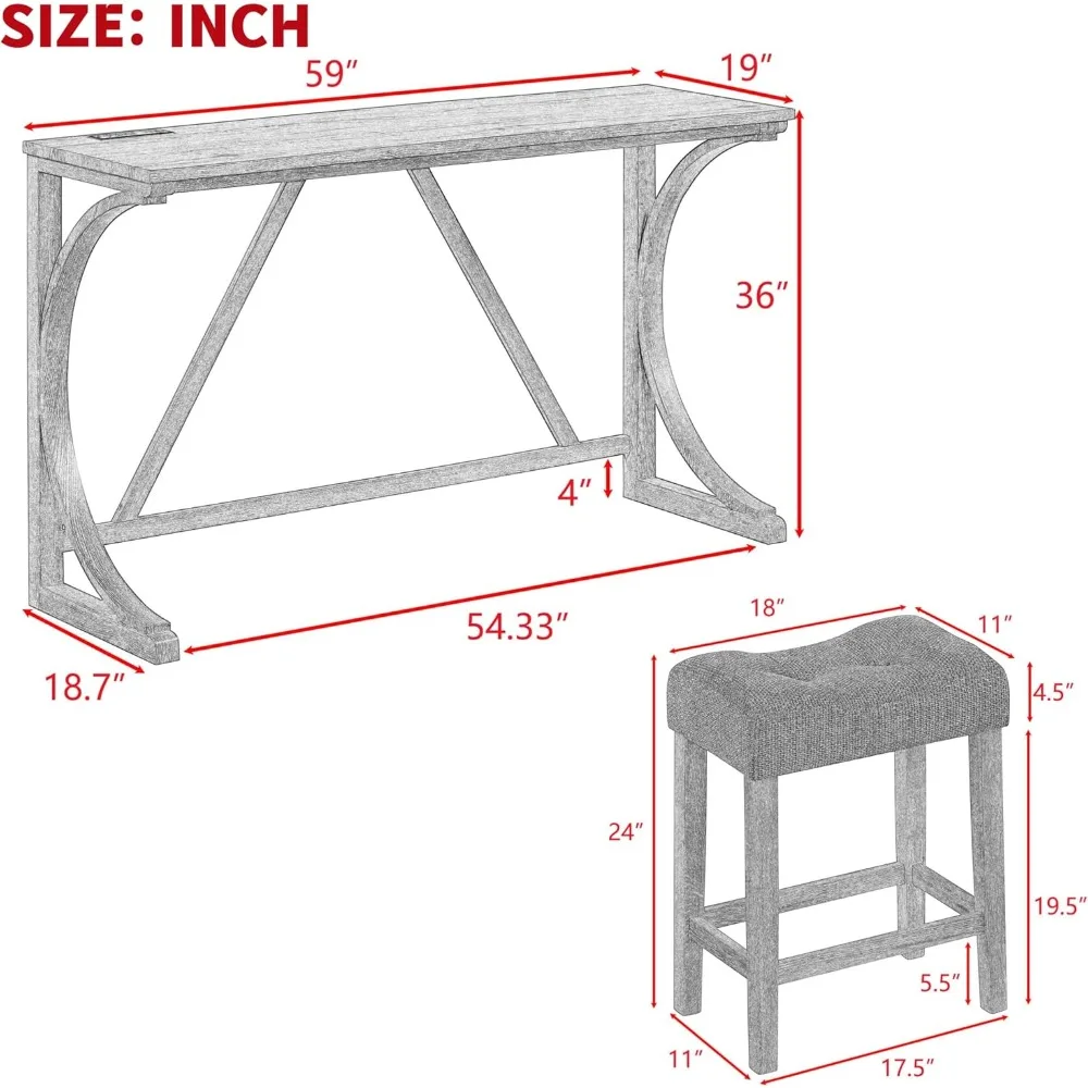 Elegante eetset in boerderijstijl op toonbankhoogte - Houten tafel met ingebouwd stopcontact en 3 comfortabele gestoffeerde krukken
