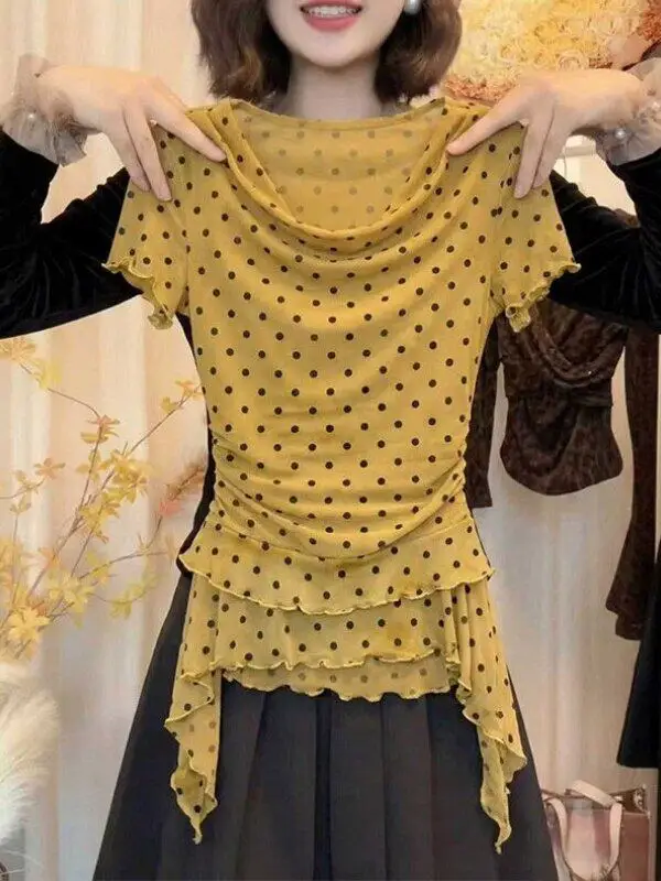 

Polka Dot Yellow Short Sleeve T-Shirt Women's Summer New Style Gathered Waist Slimming Design Sensation Top Trendy Casual Loo...