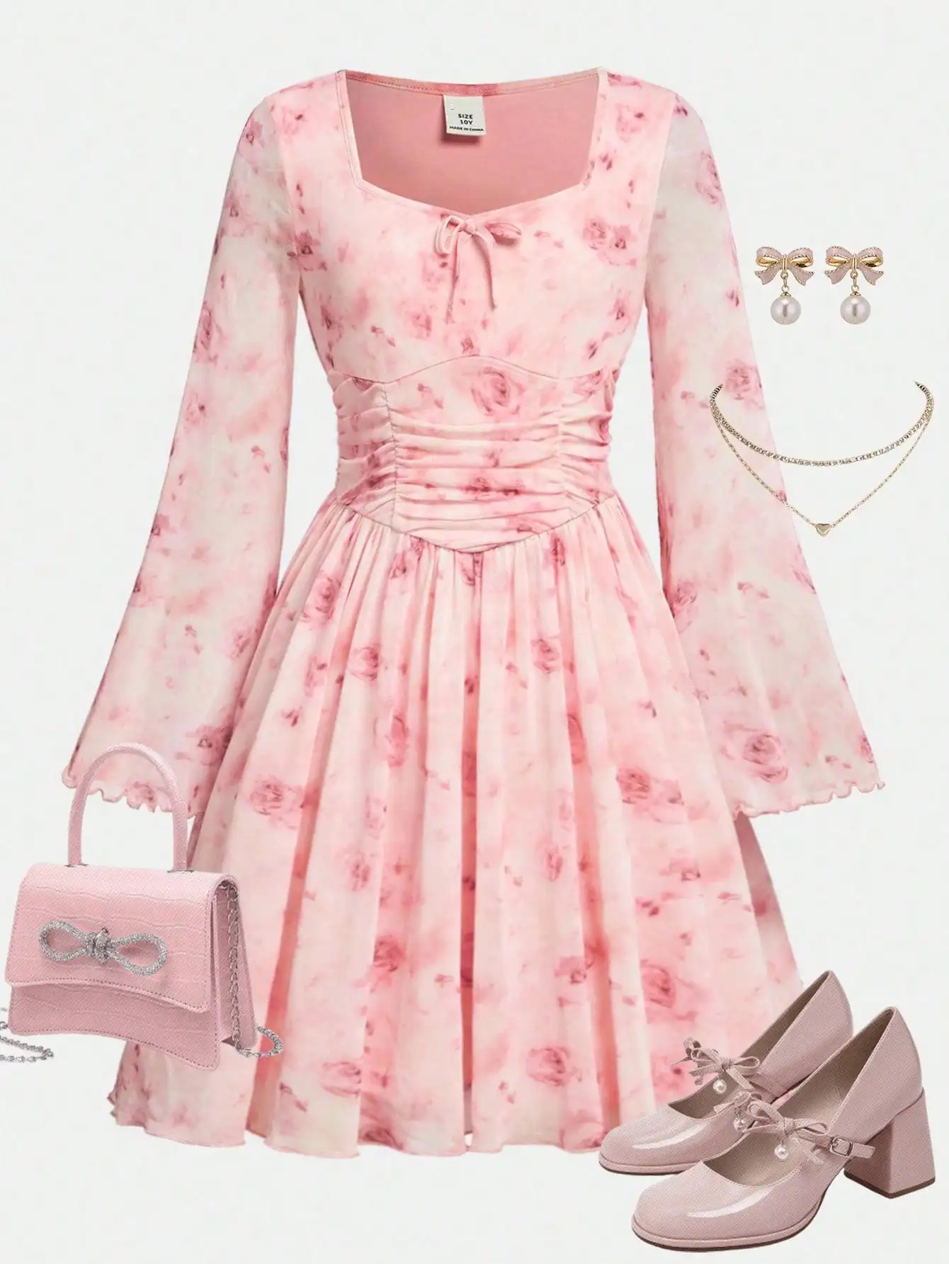 

Pink Floral Square Neck Long Sleeve Flare Dress with Ruched Waist for Teens