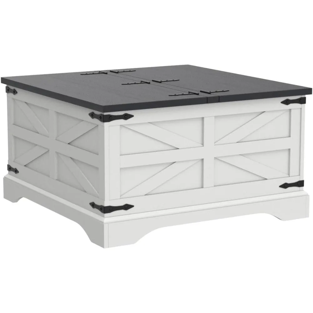 Farmhouse Coffee Table, Square Wood Center Table with Large Hidden Storage Compartment for Living Room, Rustic Cocktail Table w
