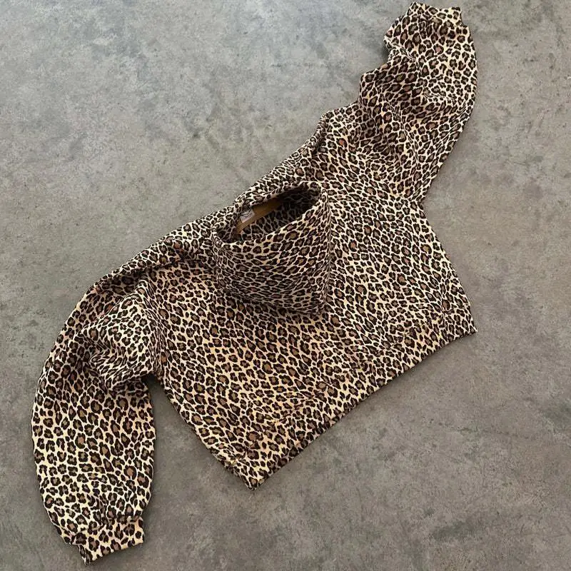 سترة نسائية فضفاضة عصرية على الطراز الأمريكي بطبعة الفهد، سترة نسائية قطنية بأكمام طويلة، نمط غير رسمي