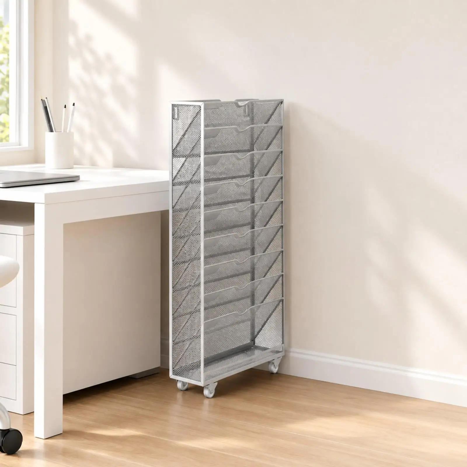 Desk Side Book Shelf Stand Tall Narrow Metal Frame with 13 Slanted Trays for Classroom Use