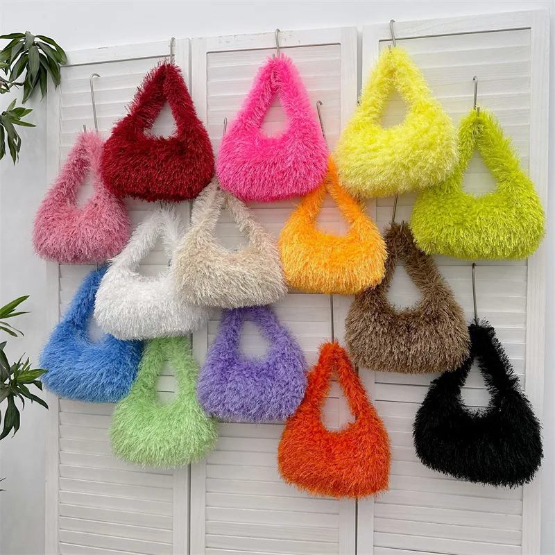 Candy Color Women\'s Soft Plush Shoulder Bags Winter Faux Fur Ladies Hobos Purse Handbags Female Fluffy Underarm Bag Small Tote