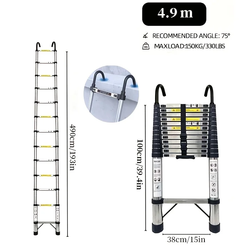 10.5/14.5ft Multifunctional Stainless Steel Telescopic Ladder Withsteps Are Spaced 12in Apart, Sturdy, Durable, Portable