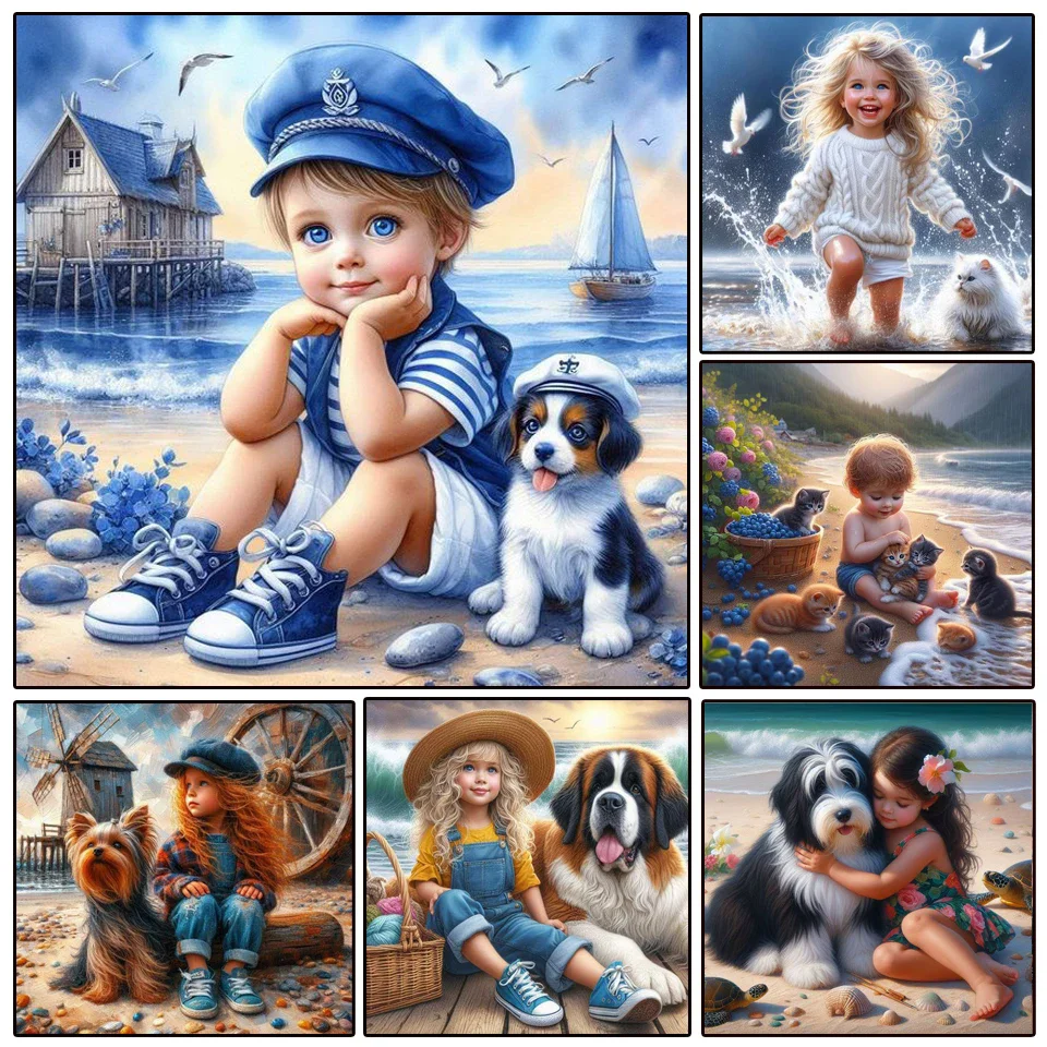 Diamond Painting kits Boy Girl Dog Mosaic Full Drill 5d Diy Diamond Embroidery Seaside Scenery Cross Stitch Home Decor