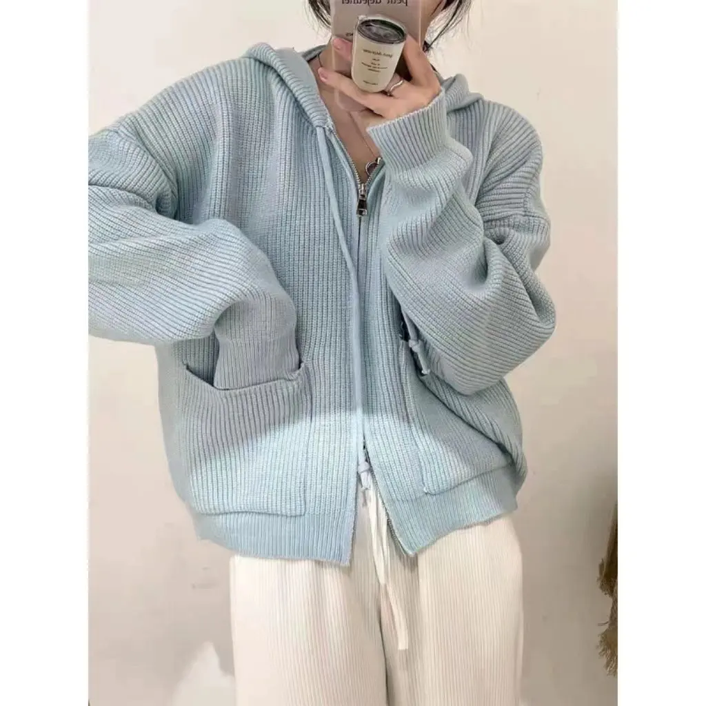 

Women's Fashion Thick Hooded Zipper Cardigan Sweater with Large Pockets Lazy Style Autumn Winter Outerwear Coat