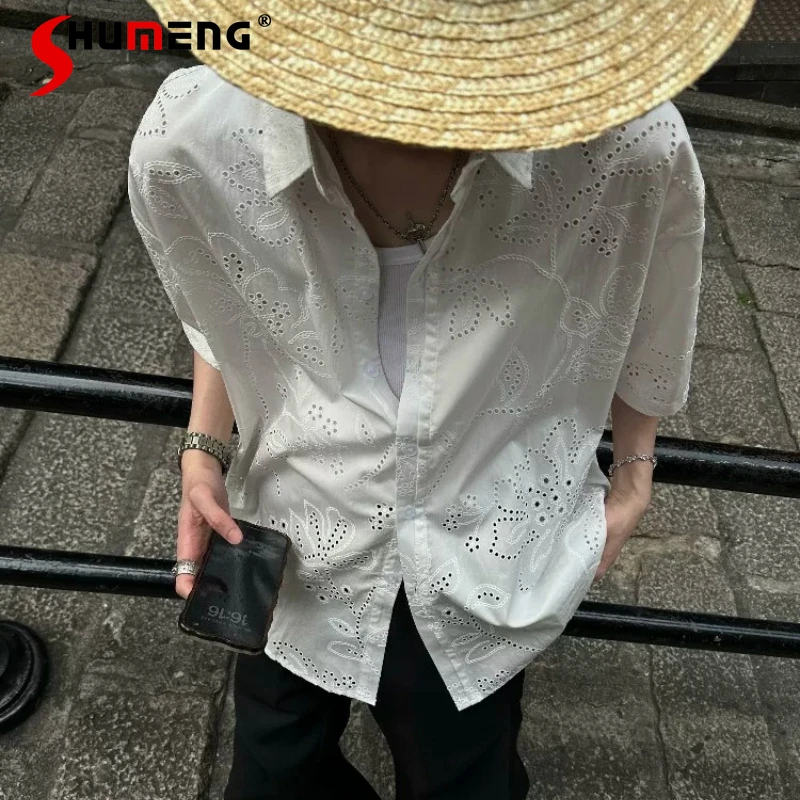 

Fashion Jacquard Hollow Out Breathable Shirts Men's 2026 Summer New Loose High-end Handsome Short-sleeve Shirt Chic Comfort Tops