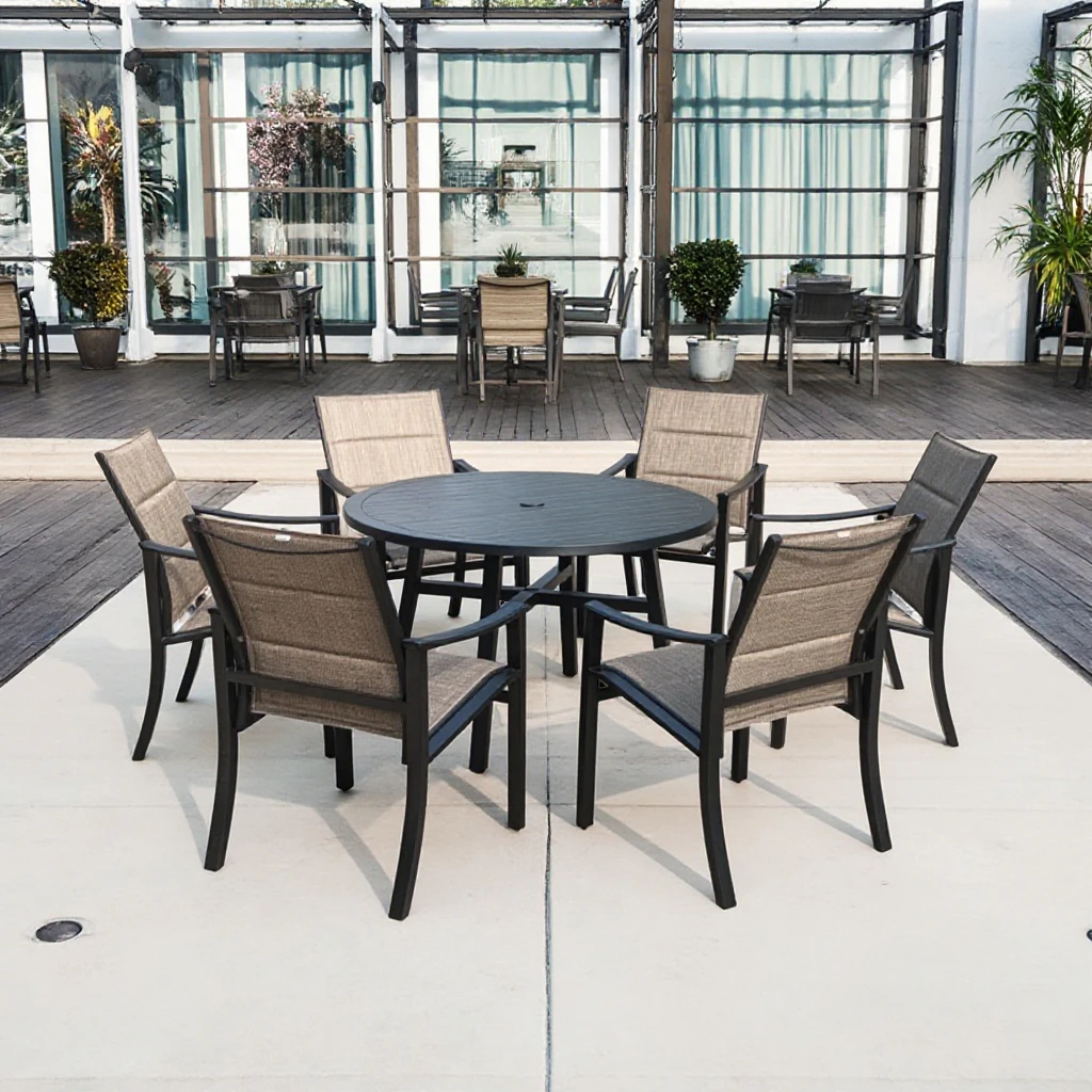 

Modern 7pcs Dining Set New Arrival Padded Chairs & Aluminum Table for Kitchen Hotel Villa Courtyard Outdoor Furniture