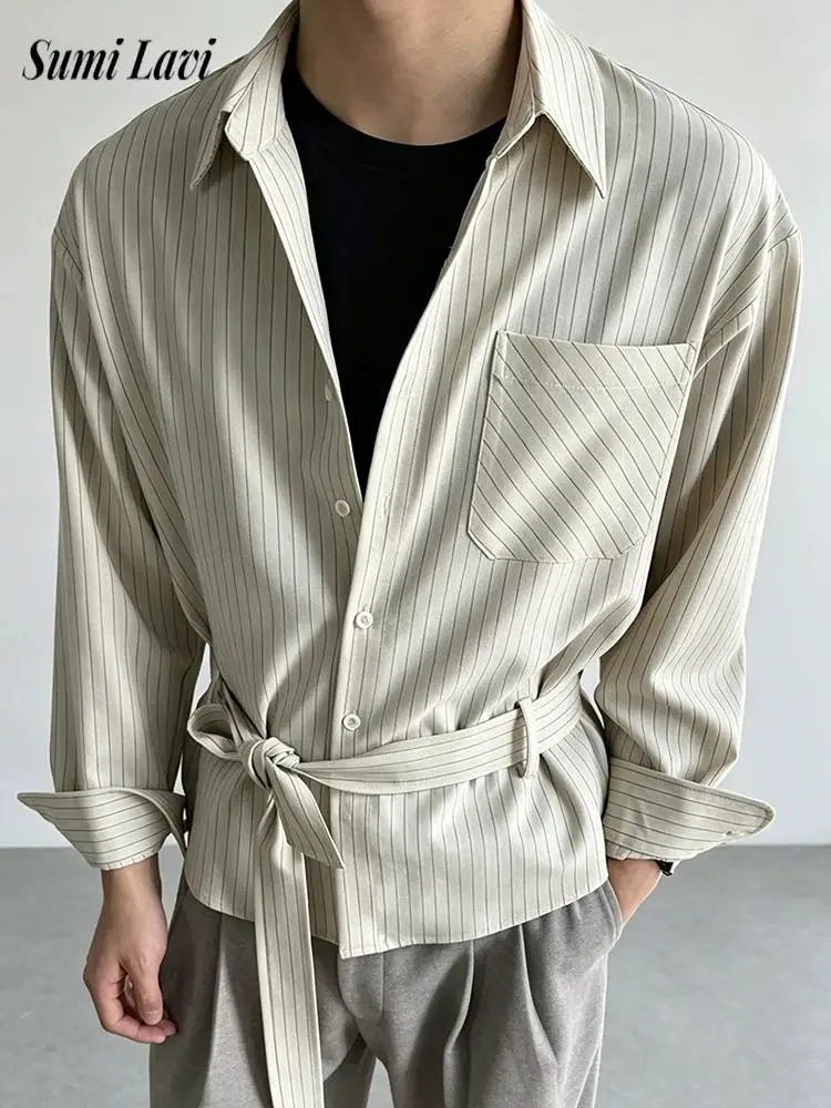 Vintage Men Long Sleeve Shirt 2026 Autumn Waist Belt Striped Pattern Turn-down Collar Daily Casual Mens Trendy Tops For Men