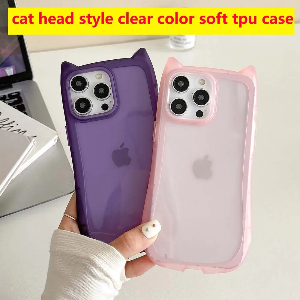 Clear Color Cat Head style Case For iPhone 15 14 13 12 11 Pro Max Plus Soft TPU Cover Skin