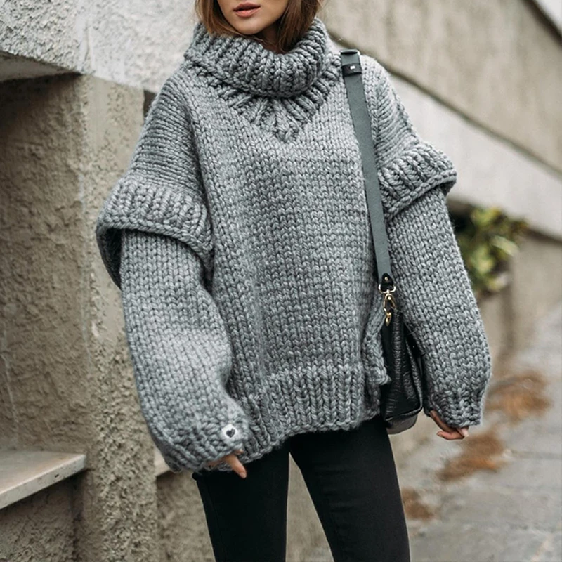 Fall Casual Loose Warm Pullover Tops Women's Turtleneck Fluffy Knitted Sweater Fashion Streetwear Long Sleeved Patchwork Sweater