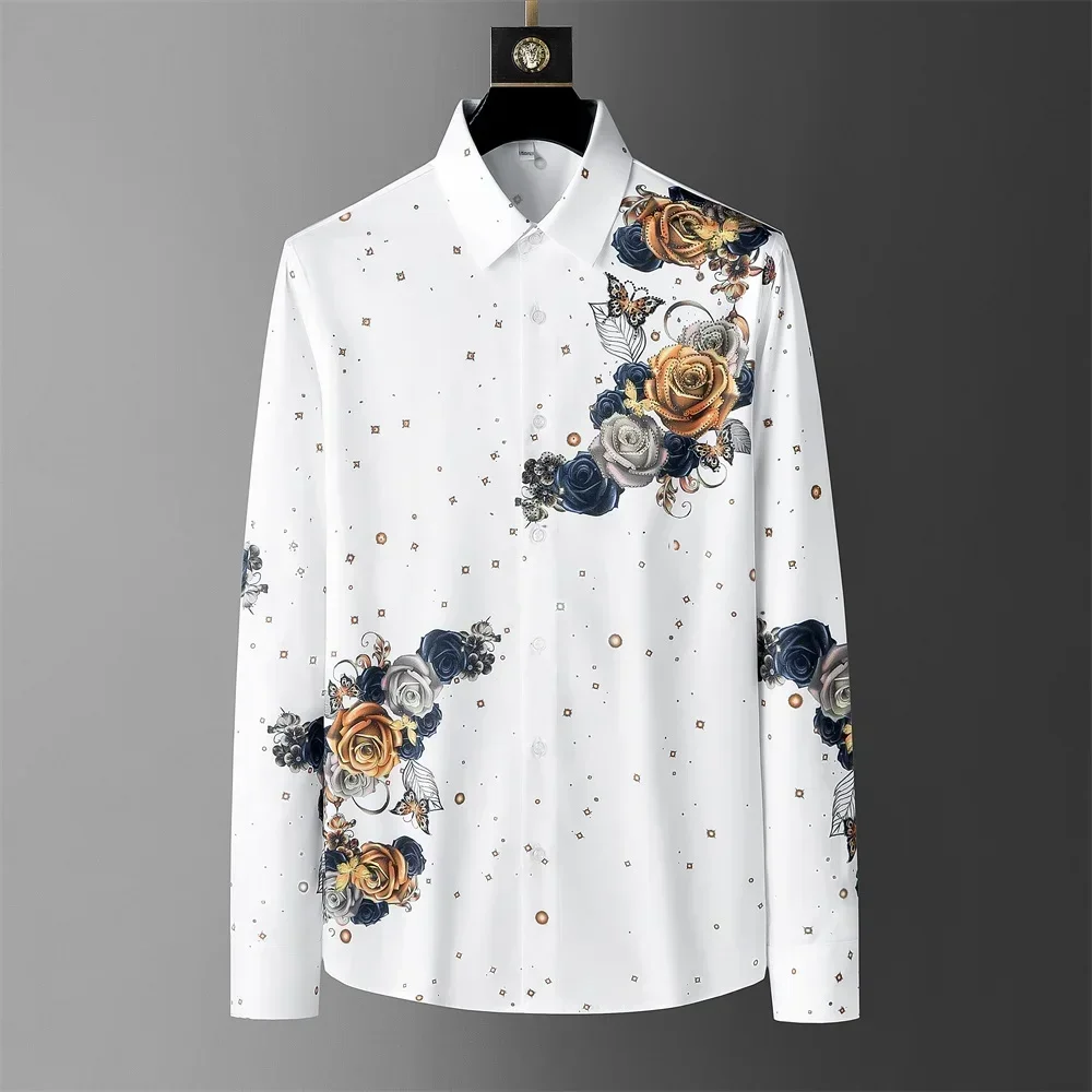 Luxury Rhinestone Flower Printed Shirt Men Casual Business Dress Shirts Long Sleeve Slim Fit Social Party Tuxedo Men Clothing