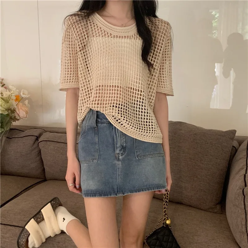 Summer Thin Design Hollow-out Short-Sleeved Sweater Women\'s Clothing Niche Loose All-Matching Classic Style Smock Top Fashion