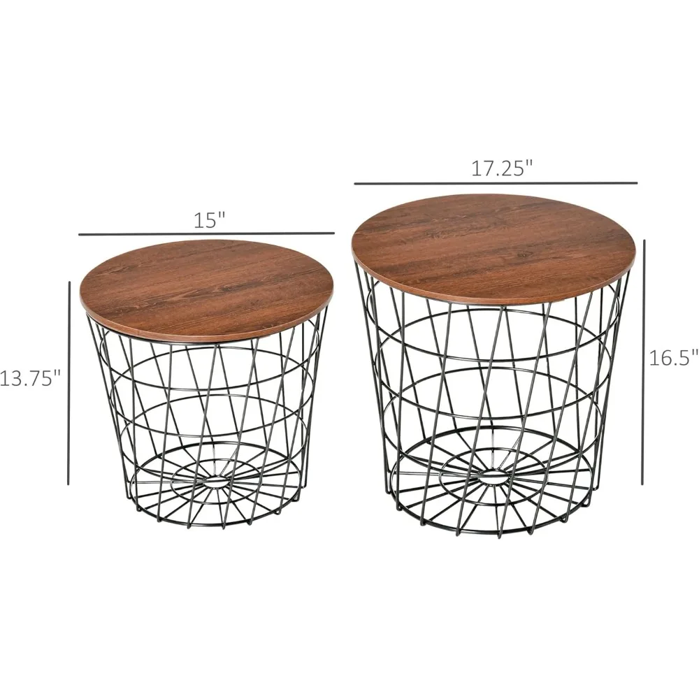 収納付きネストテーブル2個セット、ラウンドサイドテーブル、リビングルーム用の取り外し可能なトップ、ブラック/ブラウン