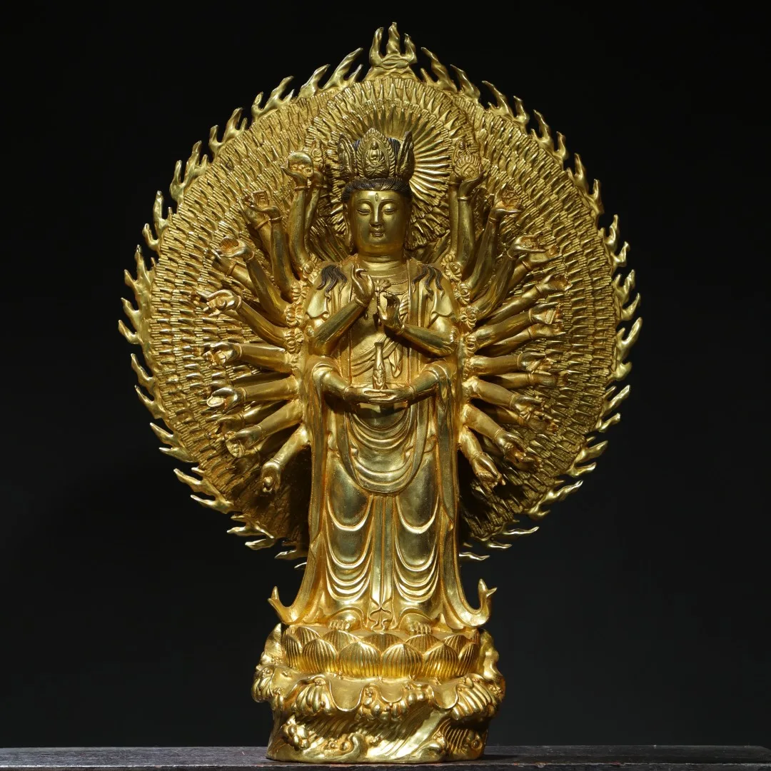 

22"Tibetan Temple Collection Old Bronze Gilded Cinnabar 1000 arm Guanyin Standing Buddha Lotus Terrace Worship Hall Town house