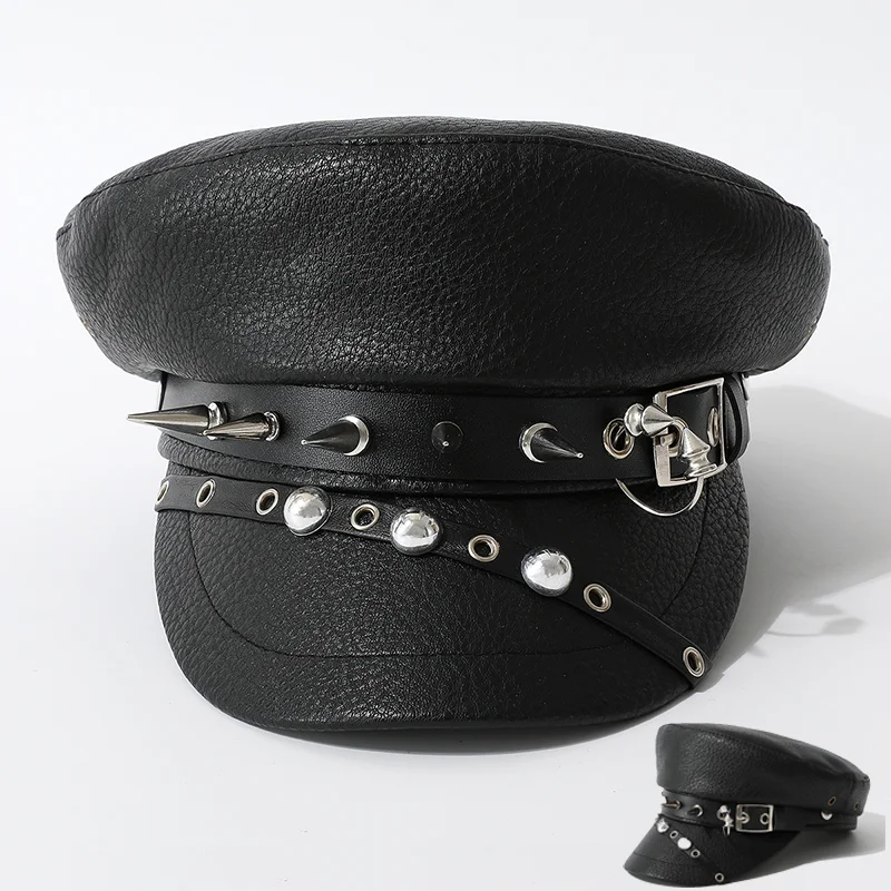 

Punk Faux Leather Beret Cap with Rivets – Halloween Party Navy Short brim Hat, Alternative Hip Hop Style Performance Accessory