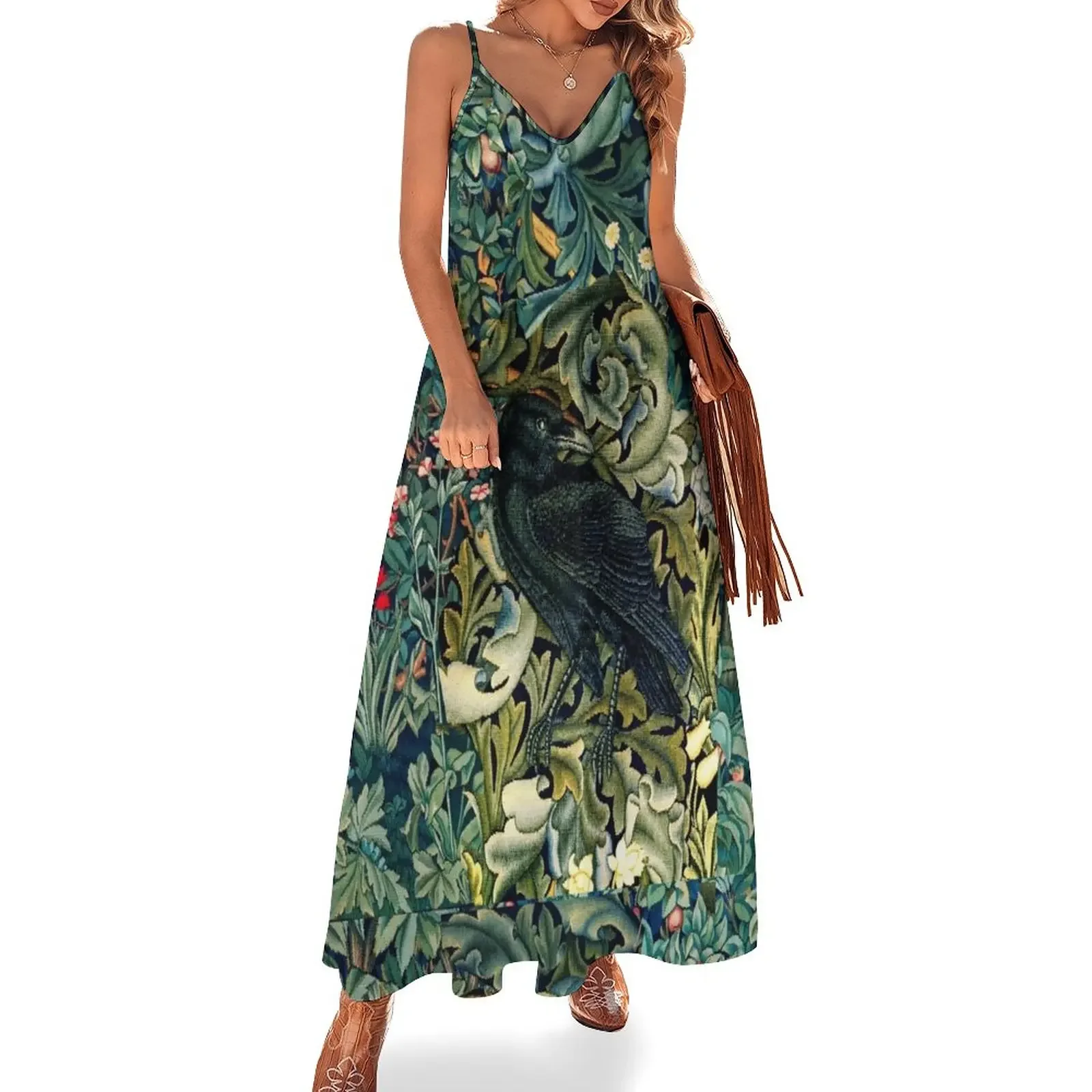 

GREENERY, FOREST ANIMALS ,RAVEN ON ACANTHUS LEAVES Blue Green Floral Sleeveless Dress women formal occasion dresses