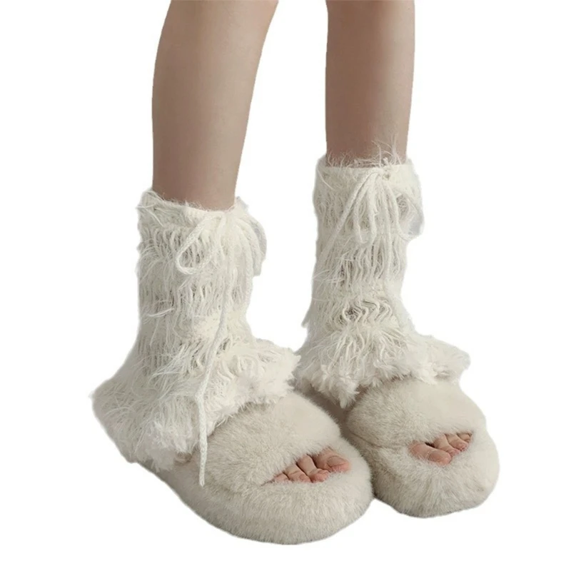 

Women Hollowed Knitted Boot Cover Bandages Bowknot Furry Leg Warmer Winter Sock