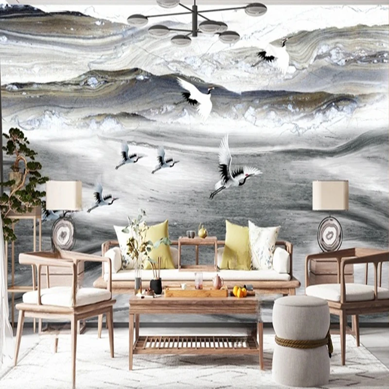 Custom New Chinese Style Abstract Ink Landscape Crane Wallpaper Art 3D Wall Coverings Decoracion Hogar Elegant Background