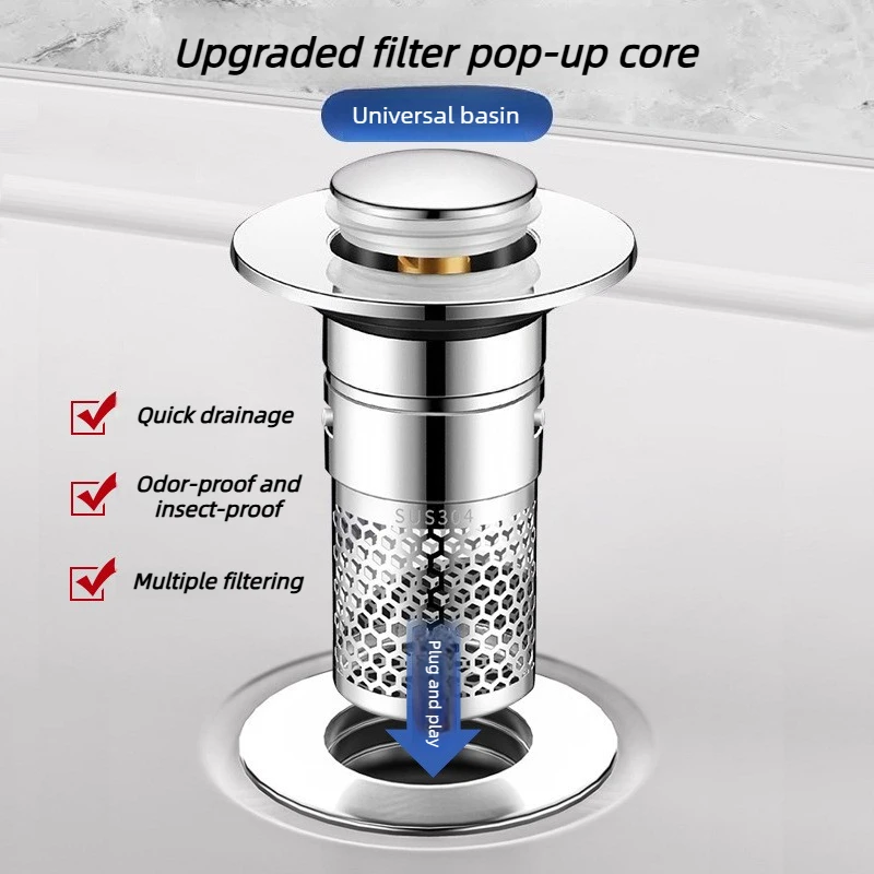 Filtro de desagüe de fregadero tipo pulsador de acero inoxidable con núcleo antiolores, repuesto universal para lavabo y bañera