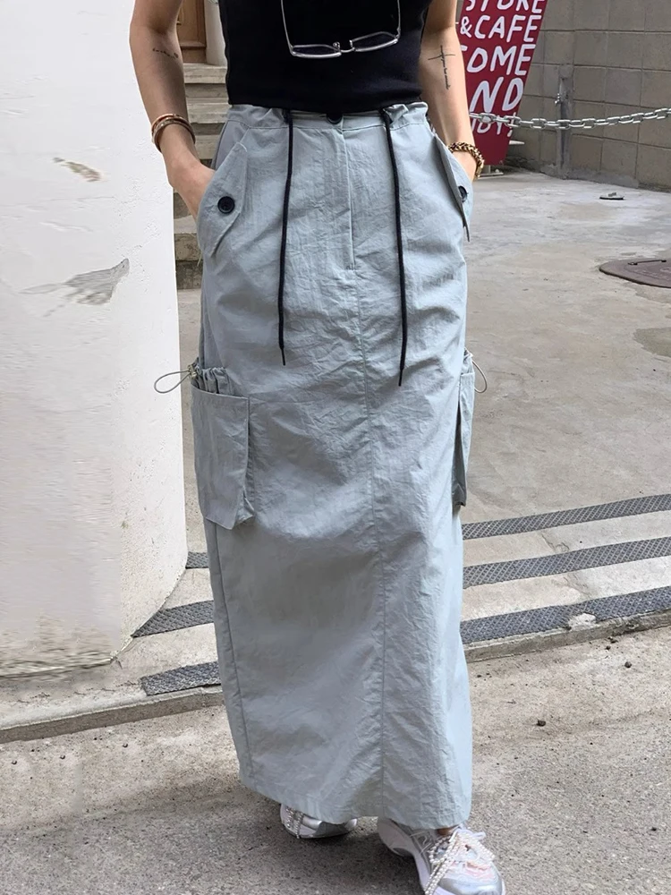 Dark Grey Casual Long Cargo Skirts Women Stitching Vintage Baggy Streetwear Outfits Split Fashion Low Waist Loose Skirt 2024 New