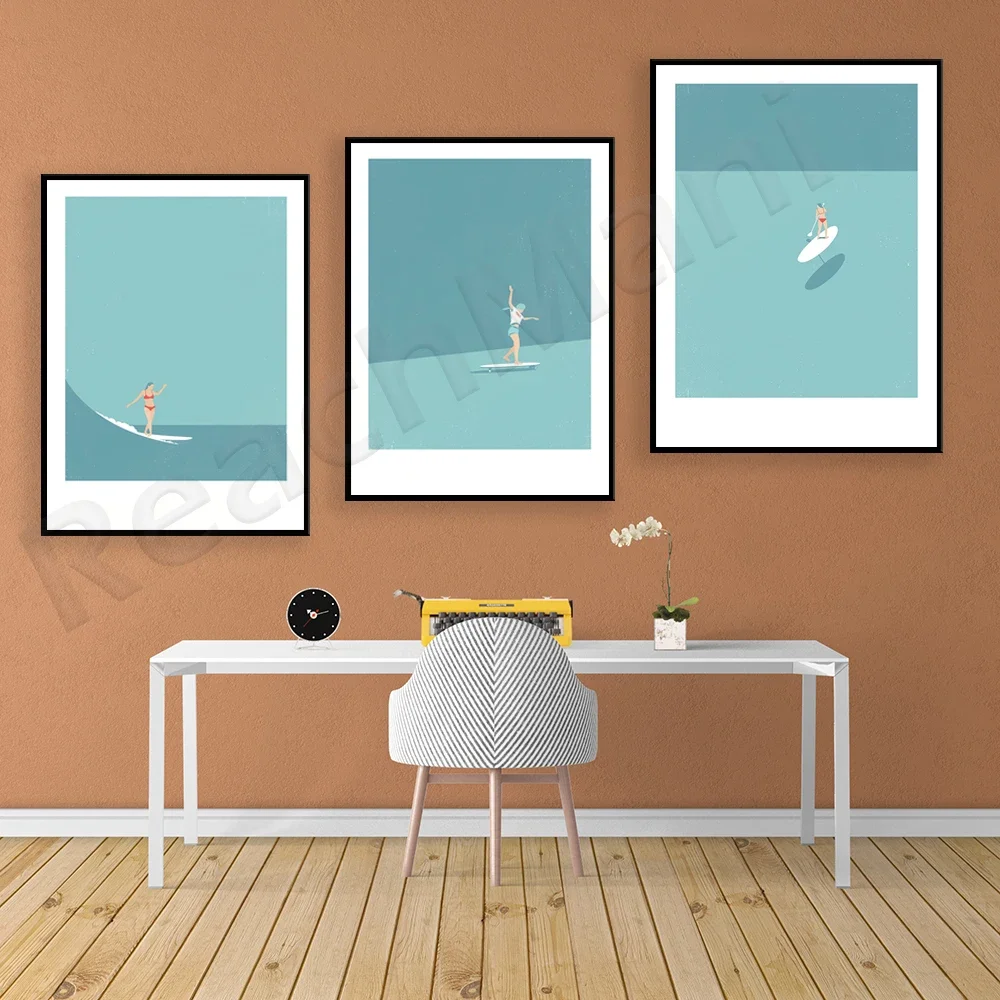 Surf print, mid century modern minimalist summer art surf poster, gift for girl power surfer lovers