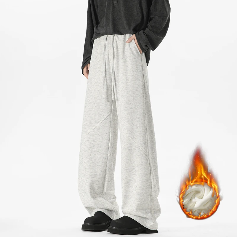 

Men's Winter Warm Plush Elastic Waist Loose-fit Straight-leg Casual Pants Wide-leg Sweatpants for Men Comfortable Long Pants
