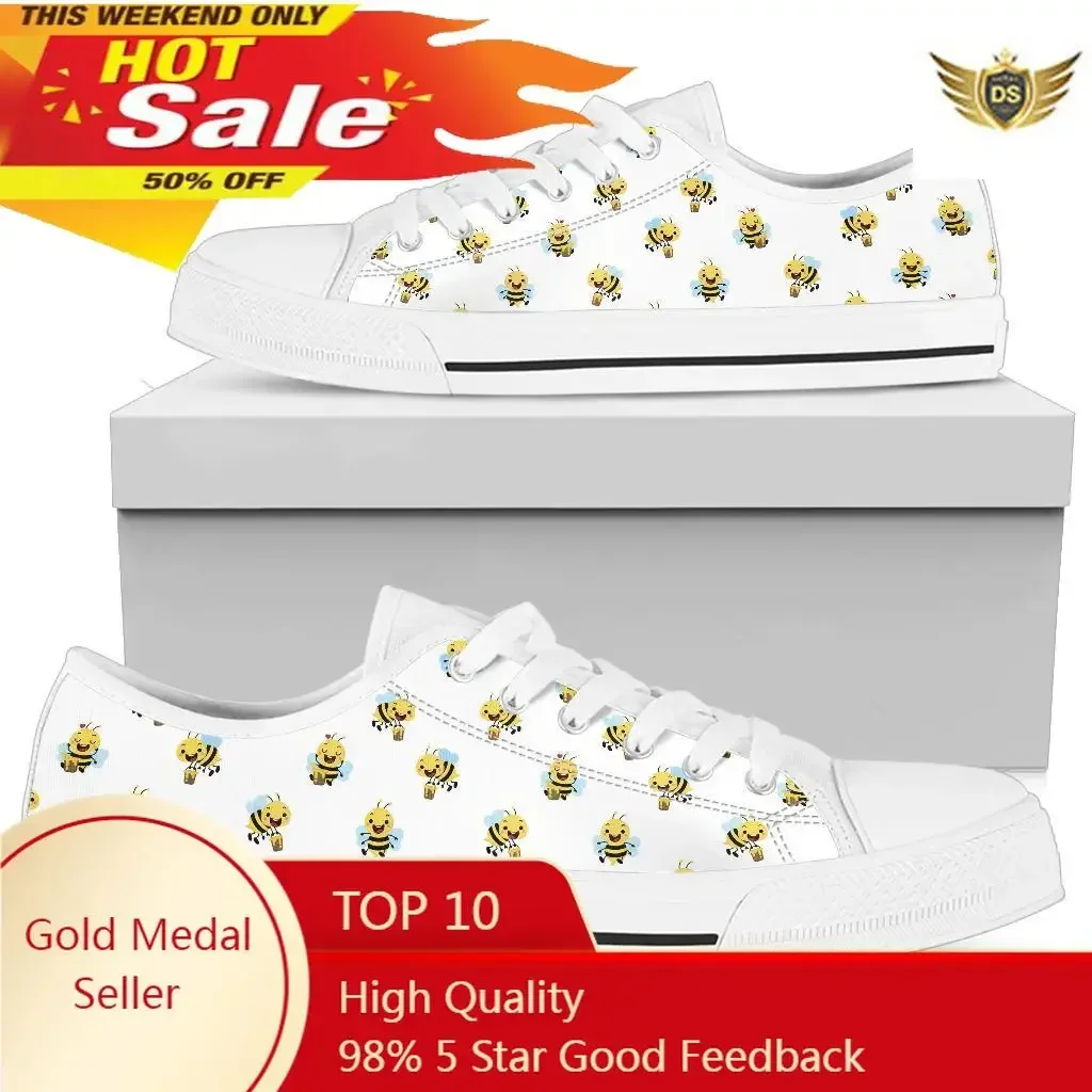 

Cute Bees White Shoes Embroidered Canvas Single Shoes Women Classic Lace-up Round Toe Casul Sneakers Women Brand Designer