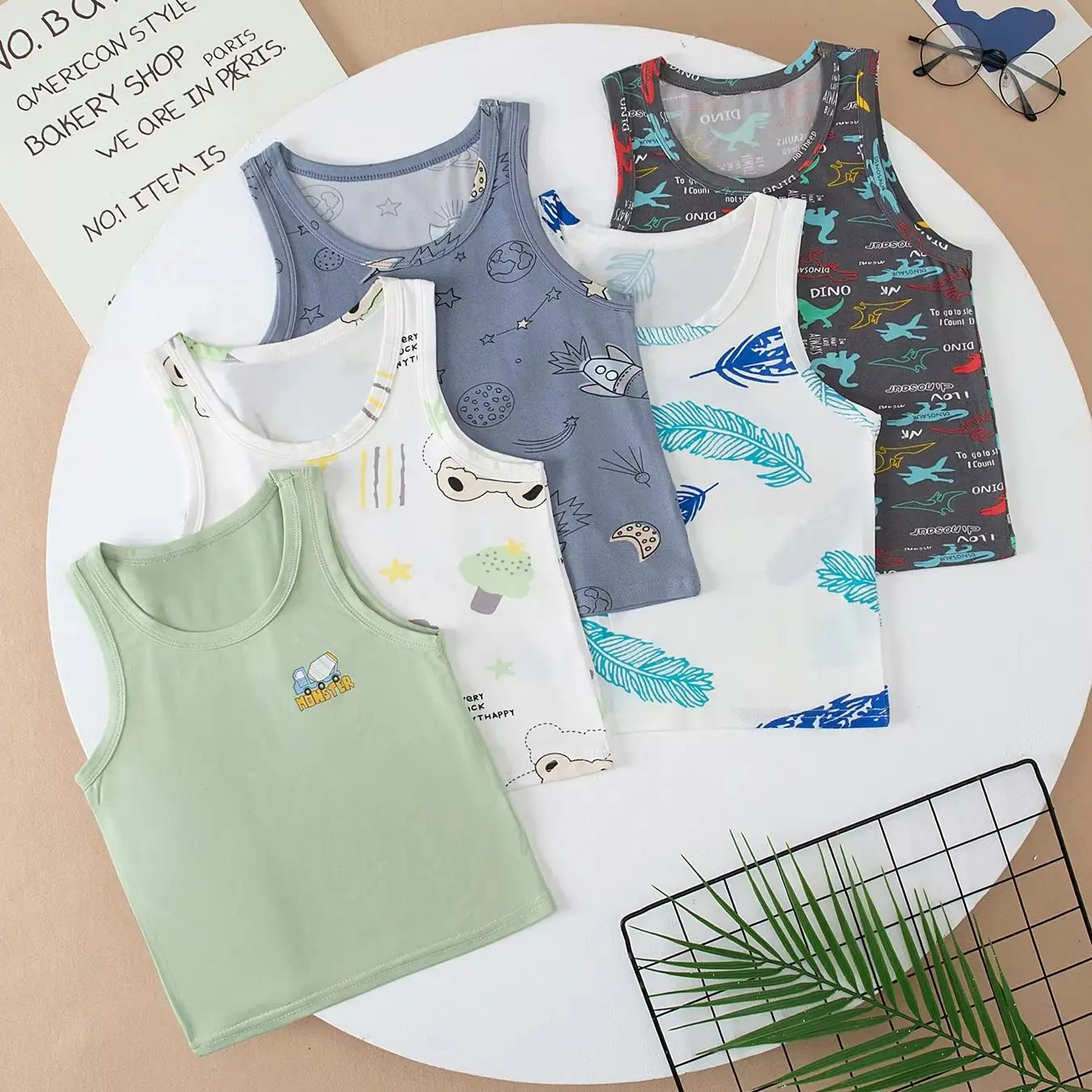 4/5 Piece Set of Four Season Children's Comfortable and Versatile Vest Boys' Casual Round Neck Top Girls' Cute Printed Base Shir