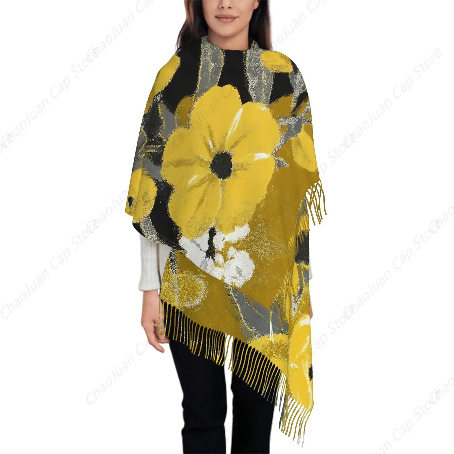 Bufanda de gran tamaño para mujer, flores florales de colores brillantes, bufanda amarilla mostaza, bufandas con borlas, chal para Otoño e Invierno