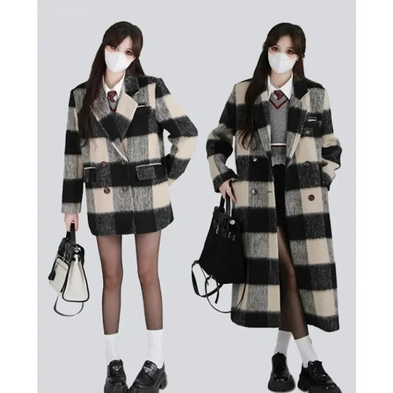 

2023 Winter Vintage Preppy Style X-long Oversized Pockets Wool Jacket Women Loose Plaid Casual Notched Collar Warm Lady Coat